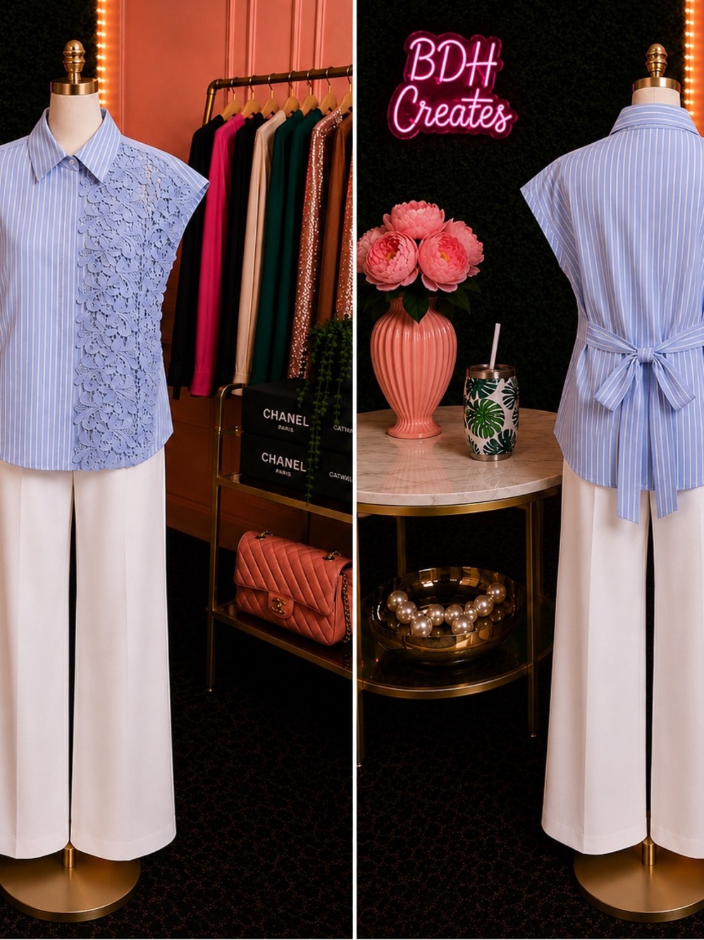 Sleeveless Blue Stripe Lace-Accent Tie-Back Top